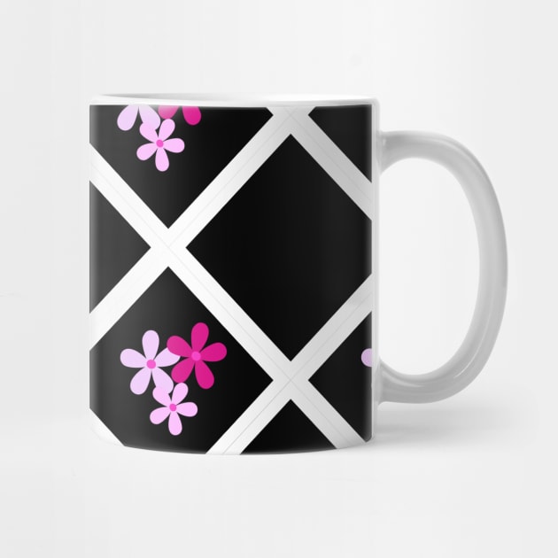 Pink and Black Floral Heart Checkered Pattern by iDaily